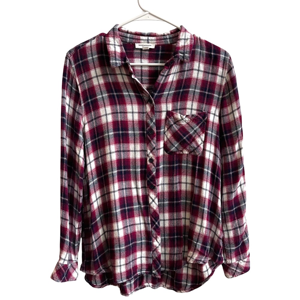 beachlunchlounge Collection Plaid Button Down‎ Shirt Burgundy White Navy Size L
